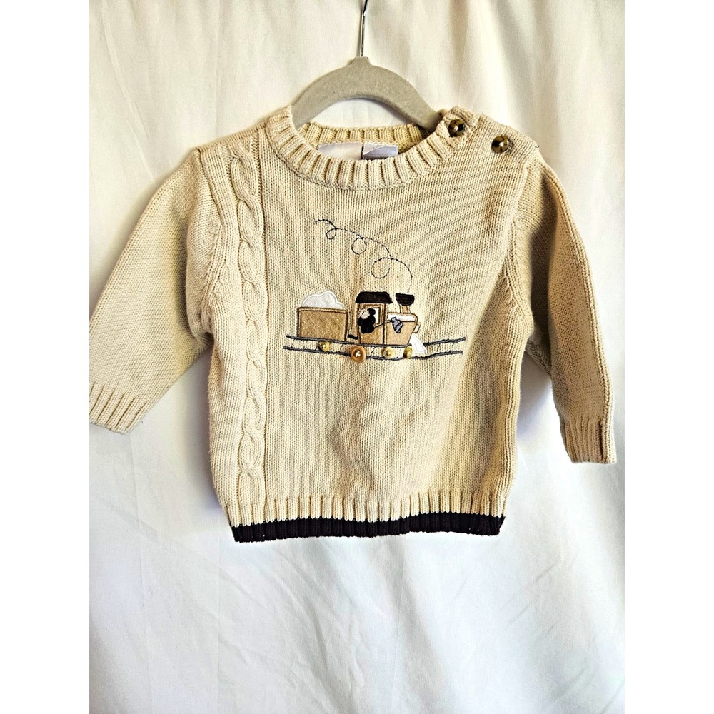 Miniwear Baby 12M Beige Cotton Knit Pullover Sweater Train Embroidered Button
